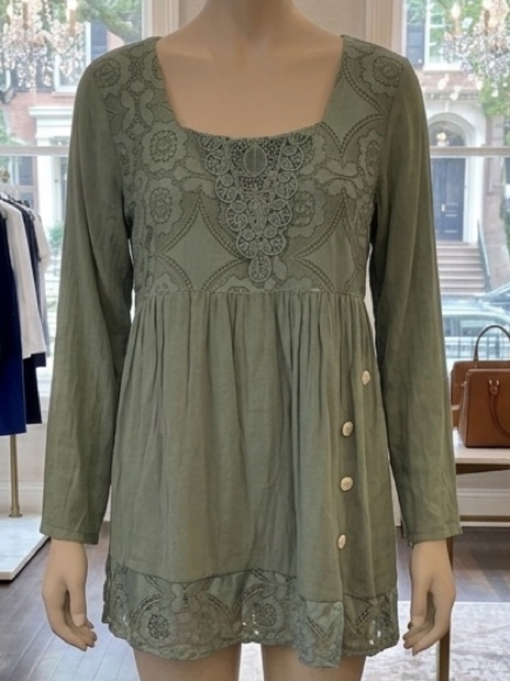 Light Sage Green Embroidered Boho Tunic Top